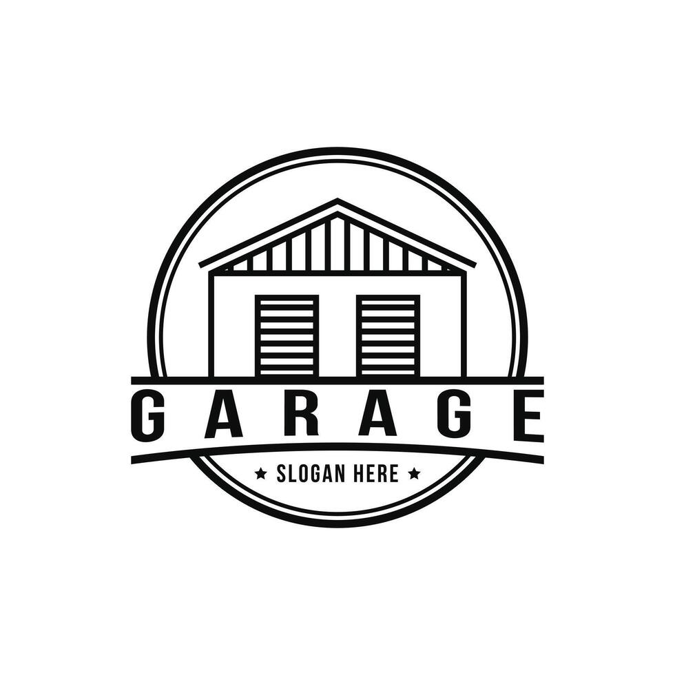 Garage warehouse logo design building badge label retro vintage vector