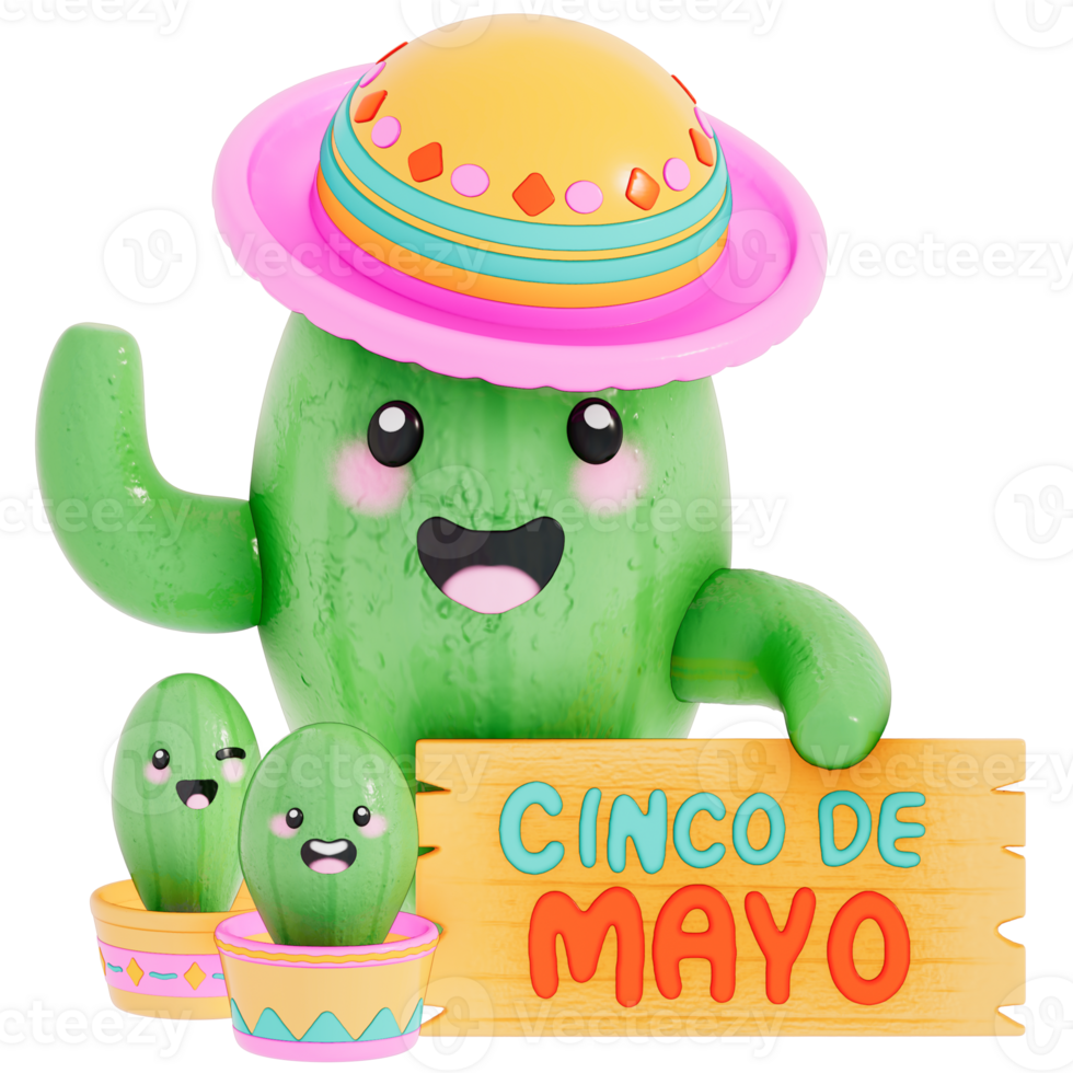Cinco De Mayo , Cute Cactus with Banner on transparent background , 3D Rendering png
