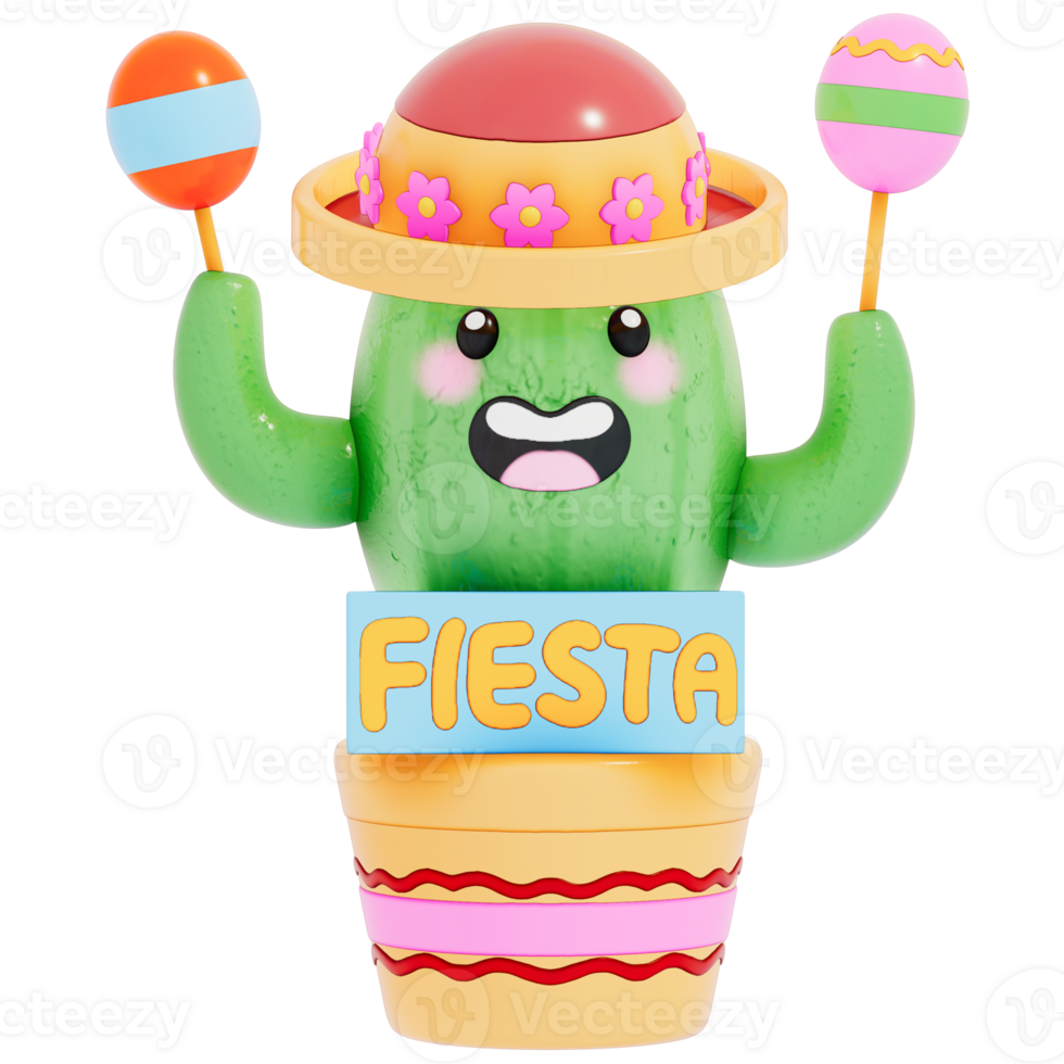 Cinco De Mayo , Cute Cactus with Fiesta Banner on transparent background , 3D Rendering png