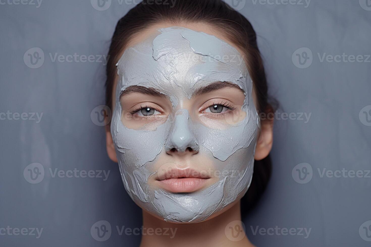 AI generated Young woman with a clay mask applied on her face. Skincare and cosmetology. AI generated. photo