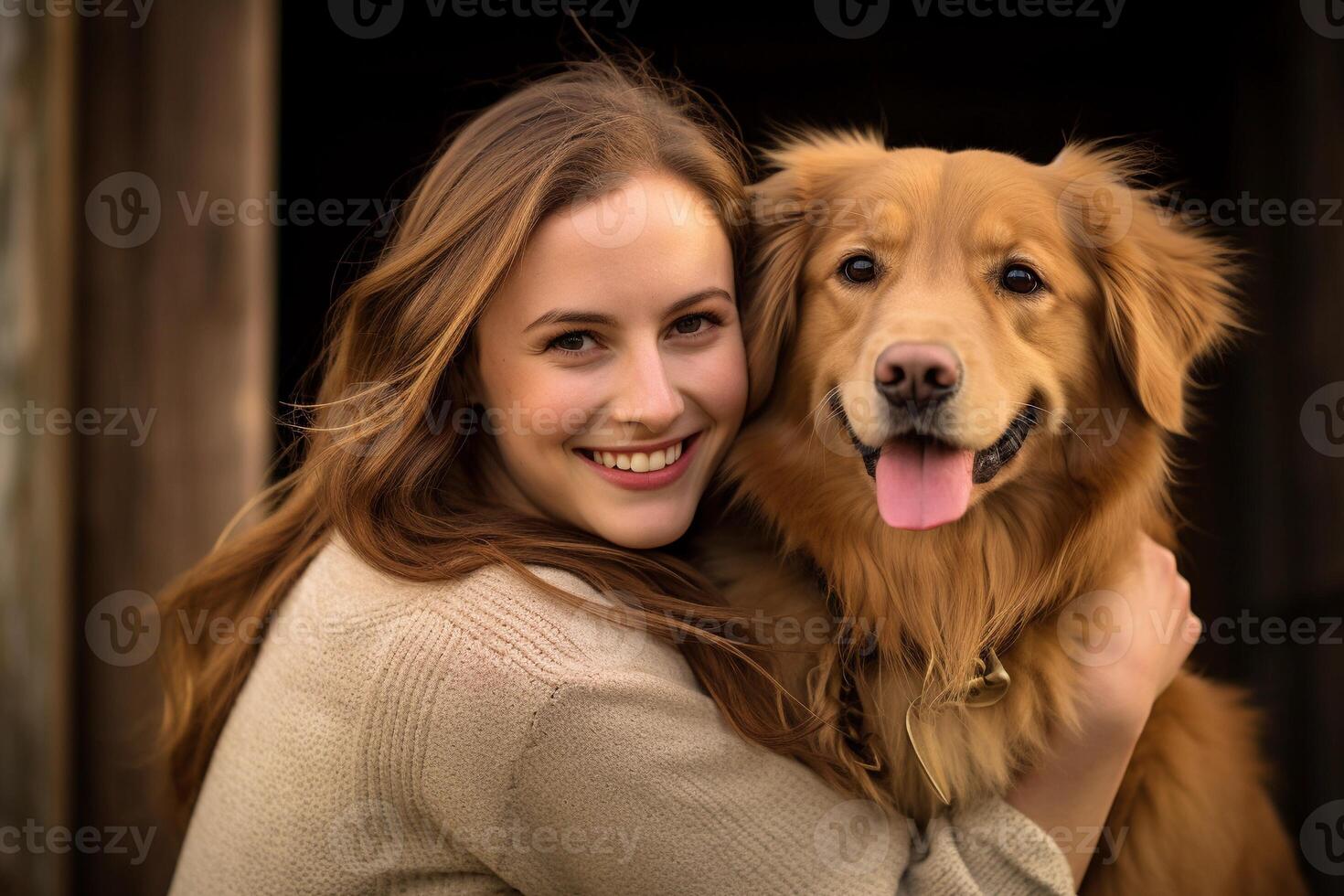 AI generated Happy young woman hugging her dog. AI generated. photo