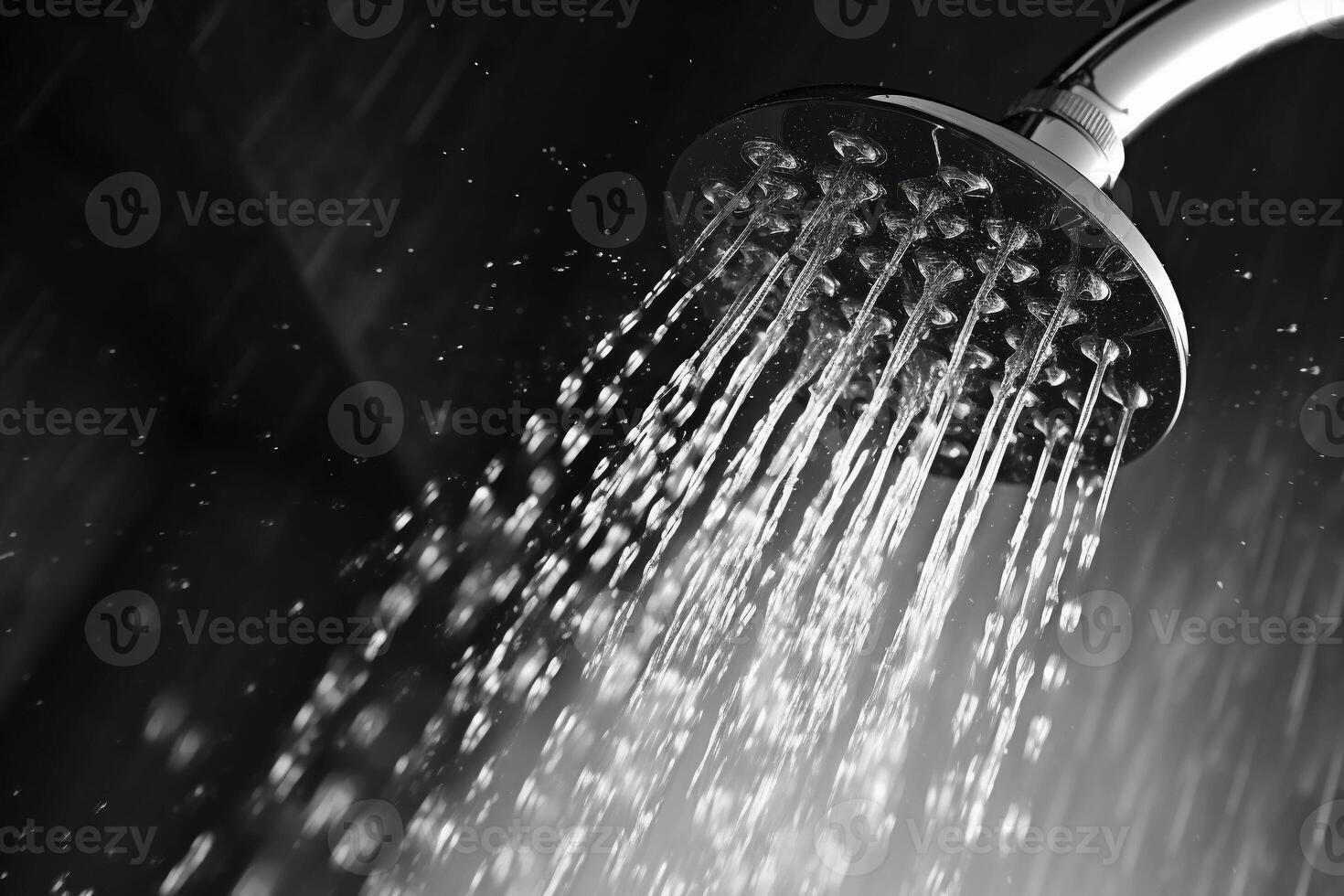 ai generado agua fluido desde el ducha cabeza en oscuro baño, cerca arriba. ai generado. foto
