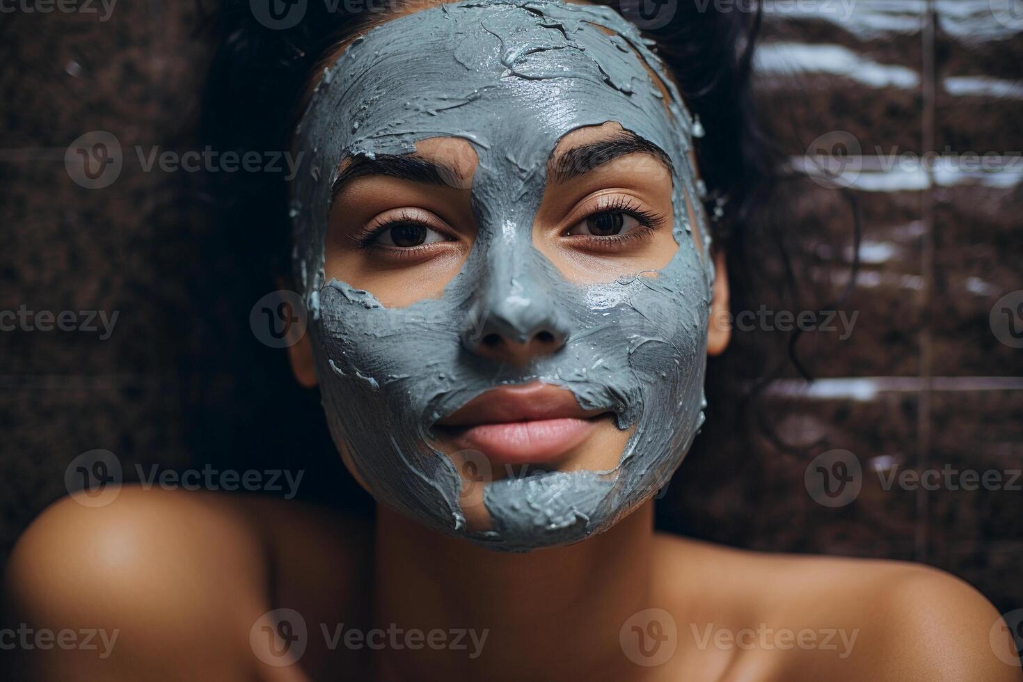 AI generated Young woman with a clay mask applied on her face. Skincare and cosmetology. AI generated. photo