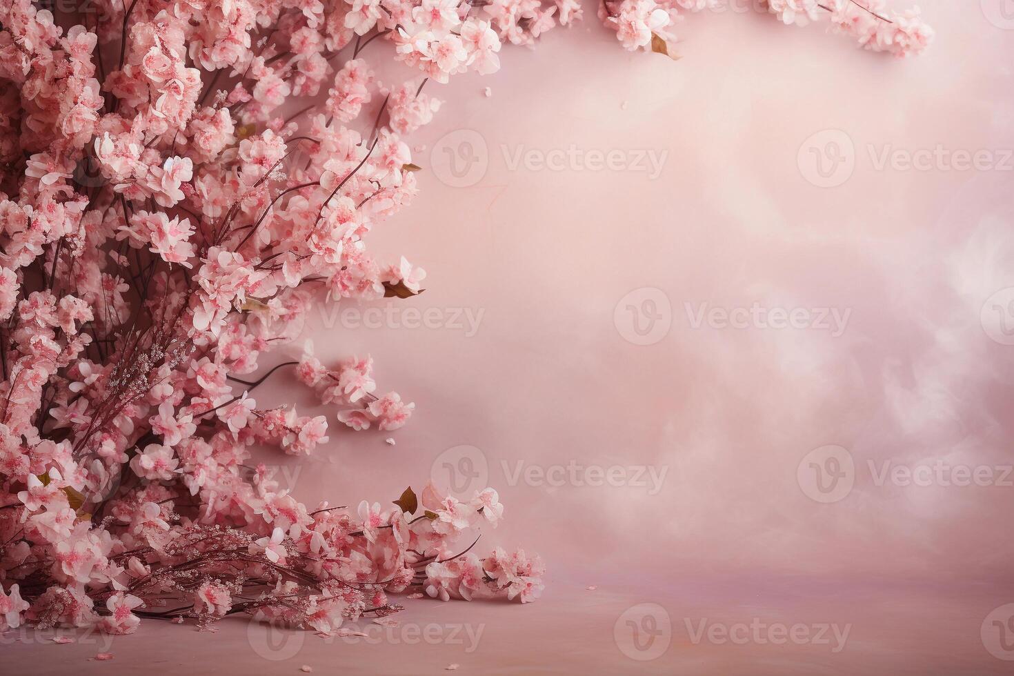 AI generated Pink blooming flowers romantic background with copy space. Wedding, Valentine's Day. AI generated. photo