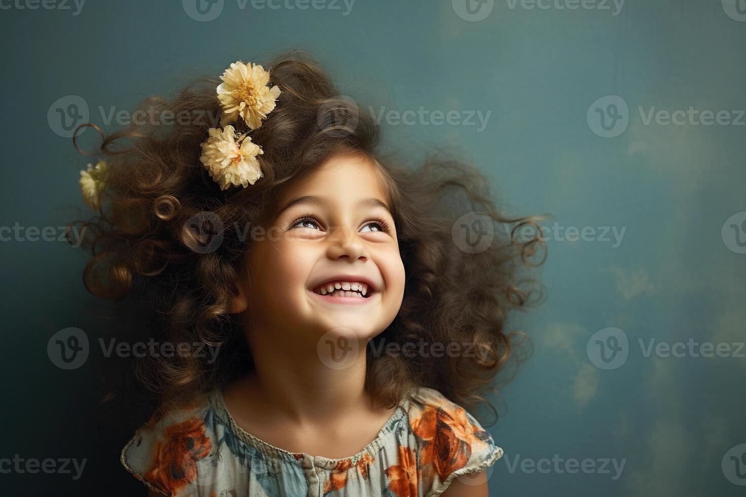 AI generated Portrait of happy little girl with curly hair with flowers in it on blue background. AI generated. photo