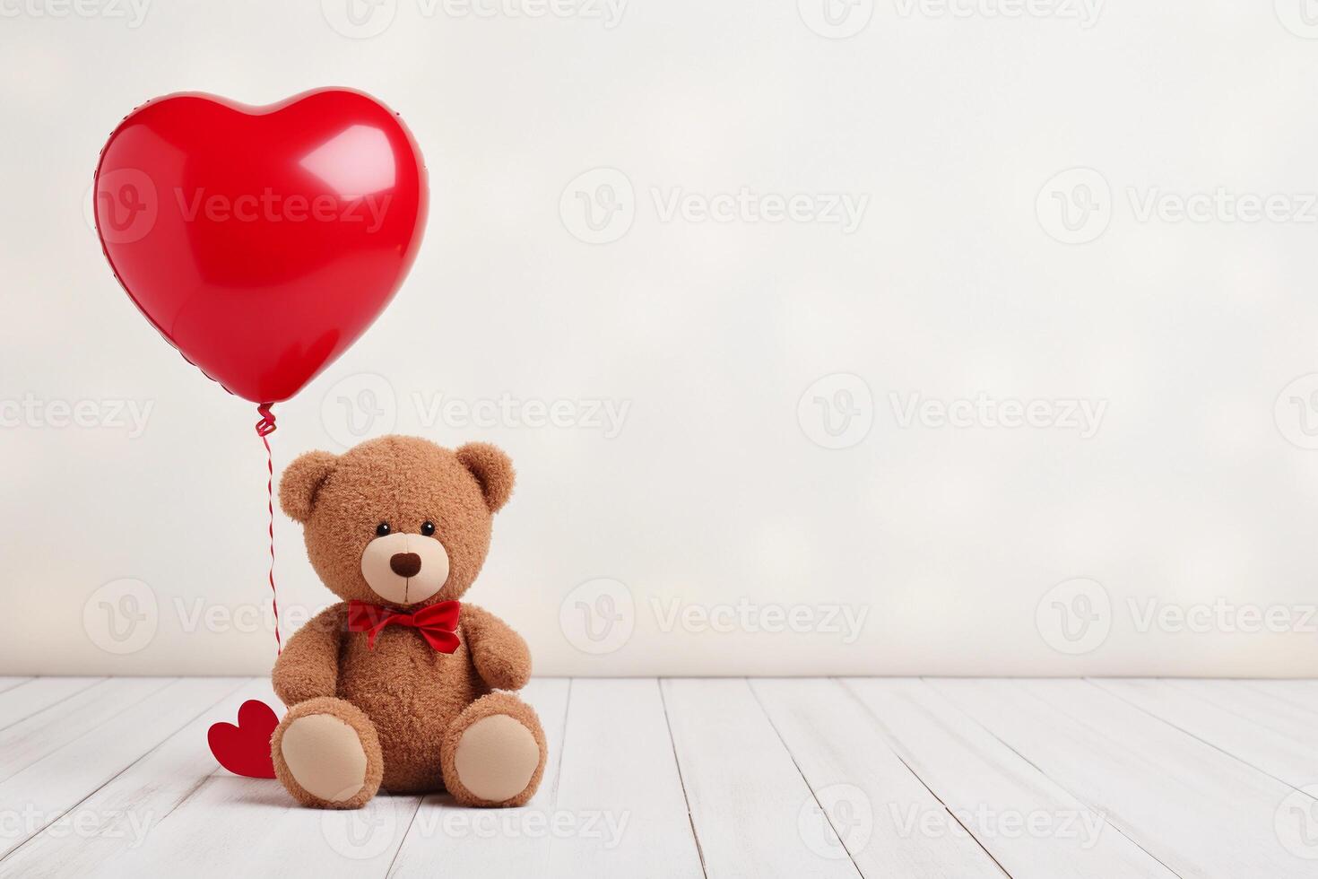 AI generated Plush bear holding a heart shaped balloon on light background with copy space. AI generated. photo