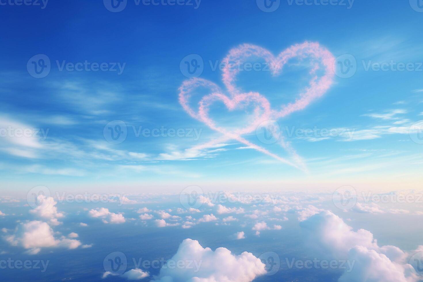 AI generated Heart-shaped trails of airplane in blue sky. AI generated. photo