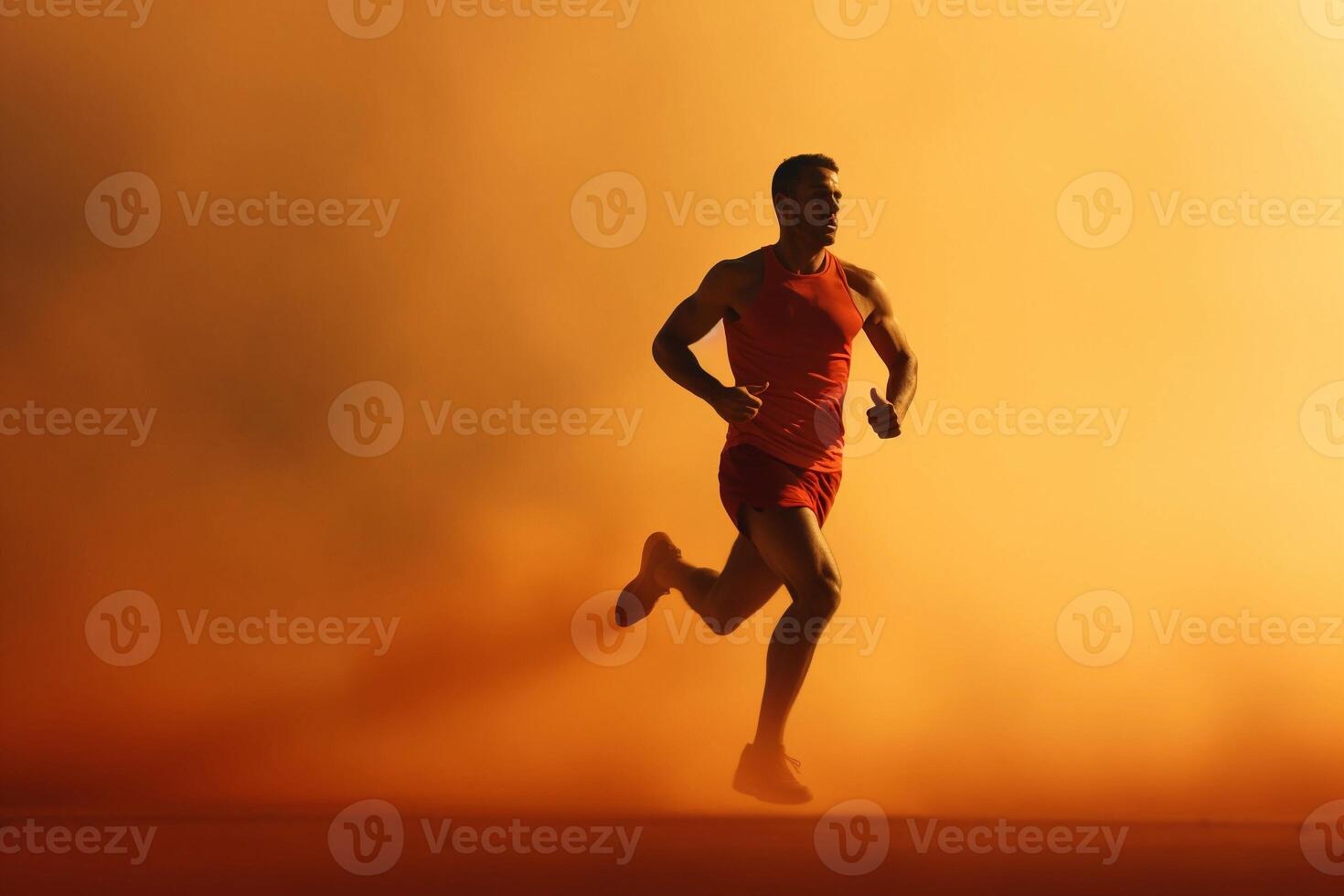 AI generated Man running outdoors on orange background with copy space. AI generated. photo