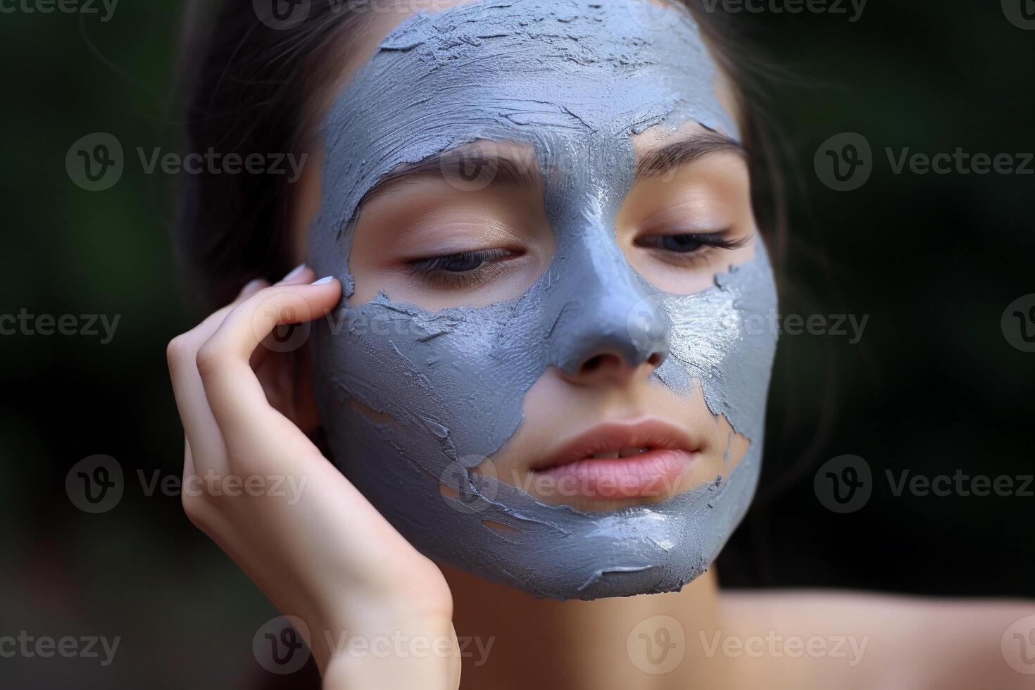 AI generated Young woman applying a clay mask on her face. Skincare and cosmetology. AI generated. photo
