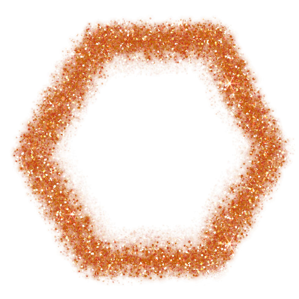 Orange glitter hexagon frame. Orange sparkle.Hexagon frame on transparent background. png