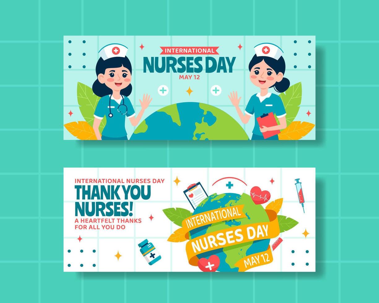 Nurses Day Horizontal Banner Flat Cartoon Hand Drawn Templates Background Illustration vector