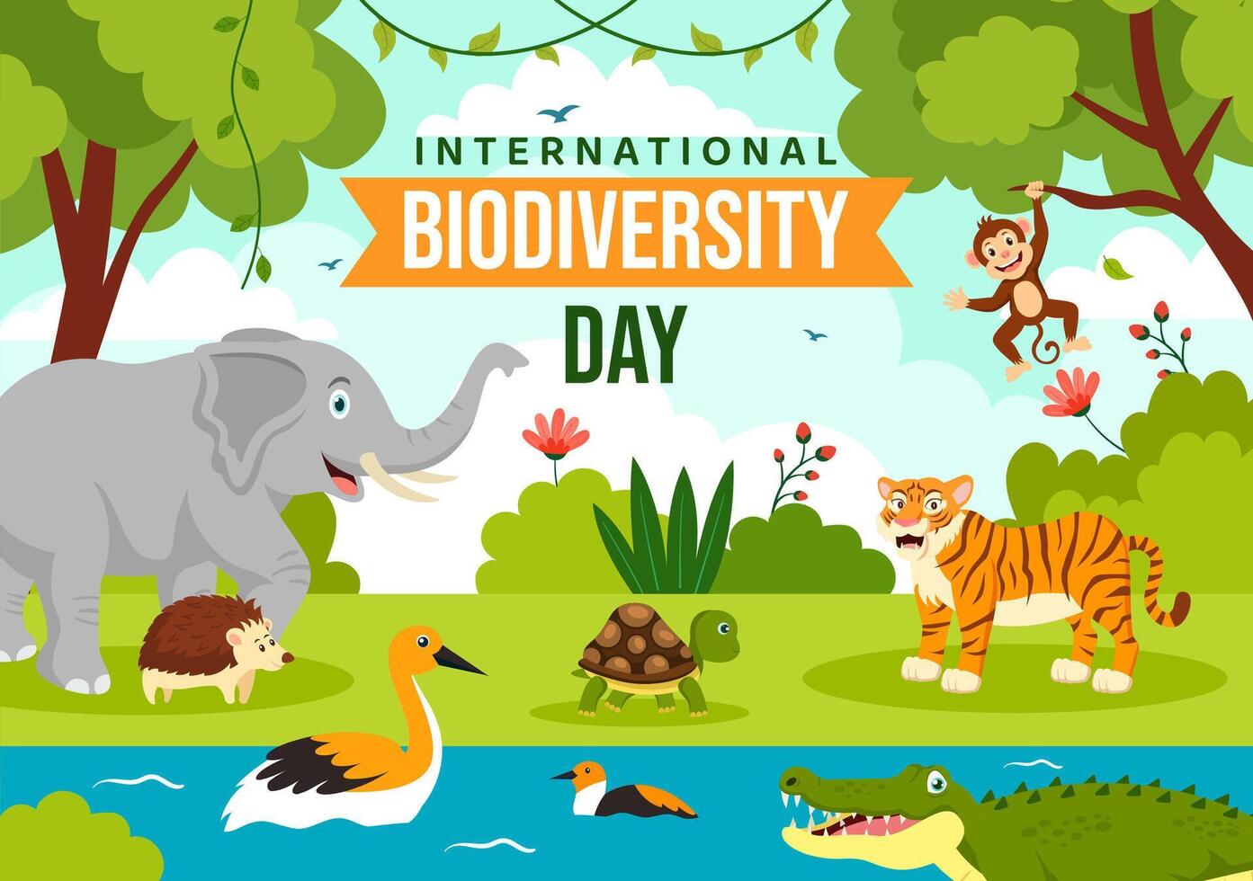 World Biodiversity Day Vector Illustration with Biological Diversity, Earth and the Various Animal in Nature Flat Cartoon Background