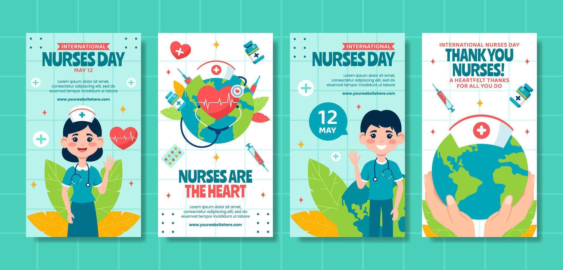 Nurses Day Social Media Stories Flat Cartoon Hand Drawn Templates Background Illustration vector