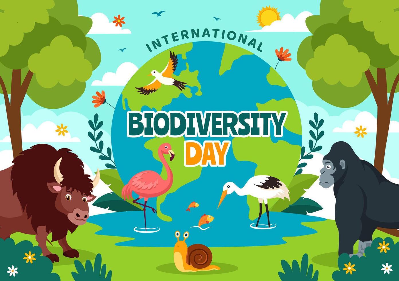 mundo biodiversidad día vector ilustración con biológico diversidad, tierra y el varios animal en naturaleza plano dibujos animados antecedentes