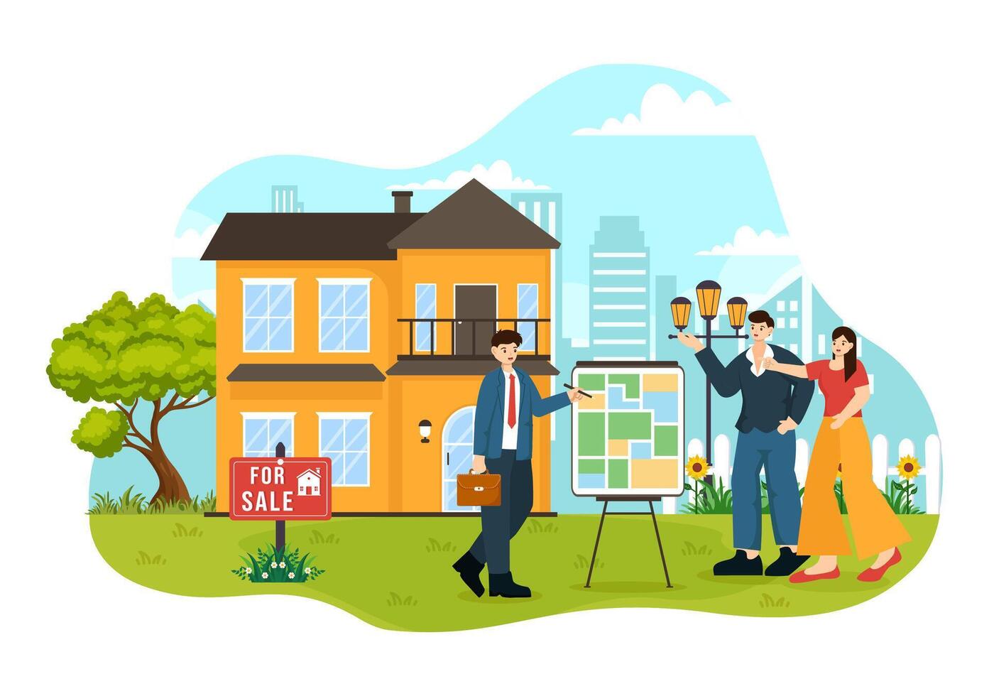 Land Broker Vector Illustration with Bridging Investors or Buyers and Sellers Agent for Buy, Rent and Sell Property in Flat Cartoon Background