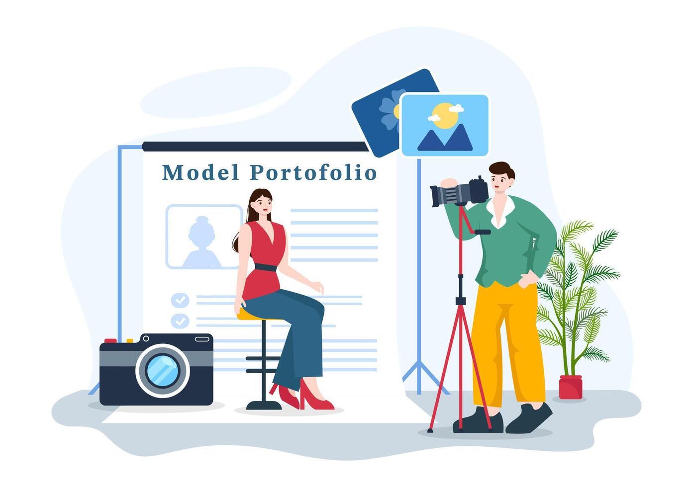 modelo portafolio vector ilustración con modelado agencia gerente y fotógrafo tomar fotos de modelo en plataforma plano dibujos animados antecedentes diseño