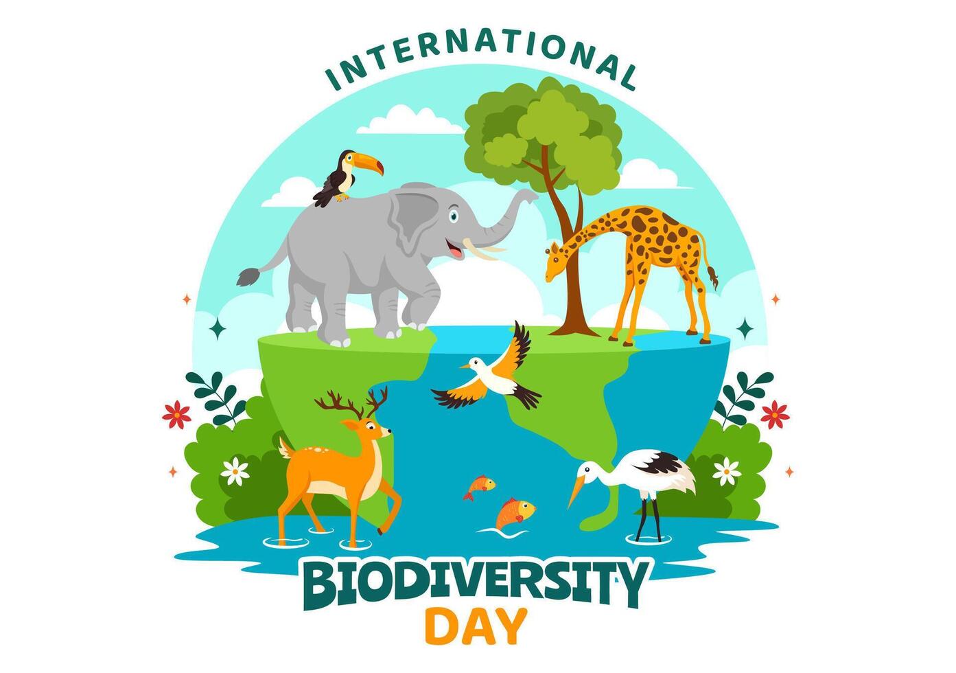 World Biodiversity Day Vector Illustration with Biological Diversity, Earth and the Various Animal in Nature Flat Cartoon Background