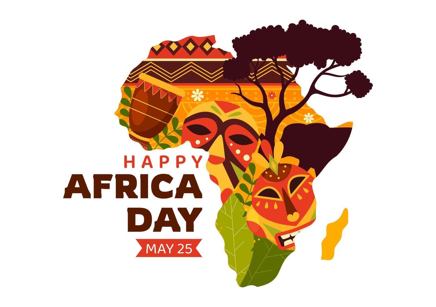 Happy Africa Day Vector Illustration on 25 May with Culture African Tribal Figures and Typical Animal in Flora and Fauna Flat Cartoon Background