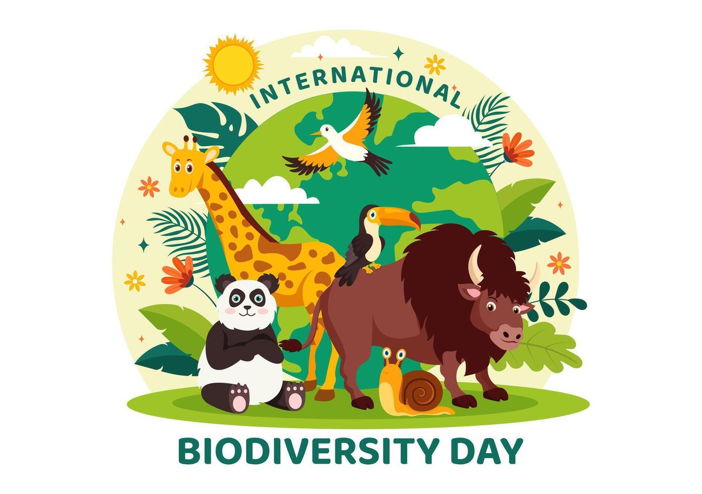 mundo biodiversidad día vector ilustración con biológico diversidad, tierra y el varios animal en naturaleza plano dibujos animados antecedentes