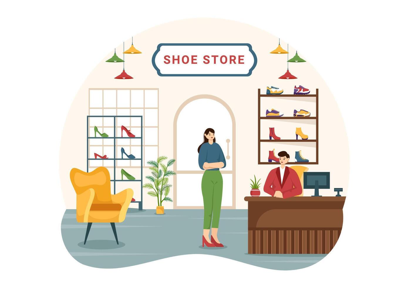 zapato Tienda vector ilustración con nuevo colección hombres o mujer varios modelos o colores de zapatillas y alto tacones en plano dibujos animados antecedentes