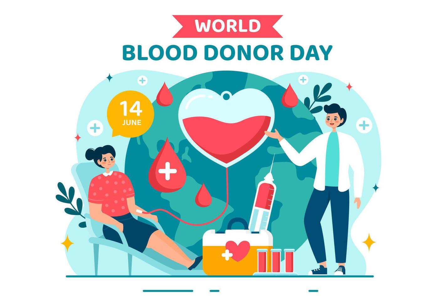 World Blood Donor Day Vector Illustration on June 14 with Human Donated Bloods for Give the Recipient in Save Life in Flat Cartoon Background