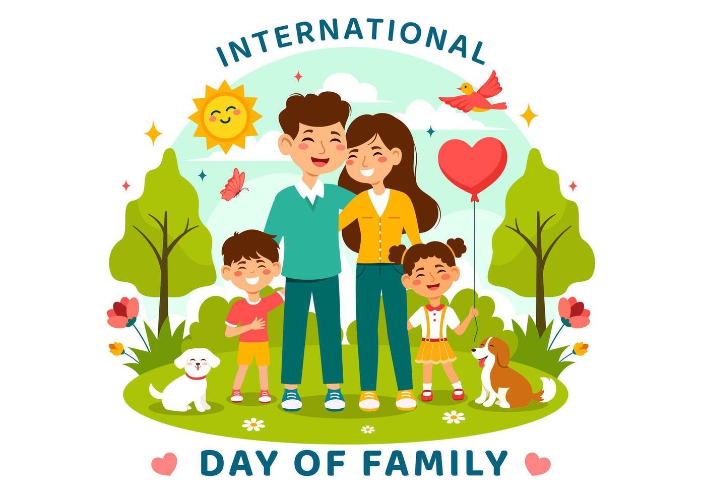 internacional día de familia vector ilustración con mamá, papá y niños personaje a felicidad y amor celebracion en plano niños dibujos animados antecedentes