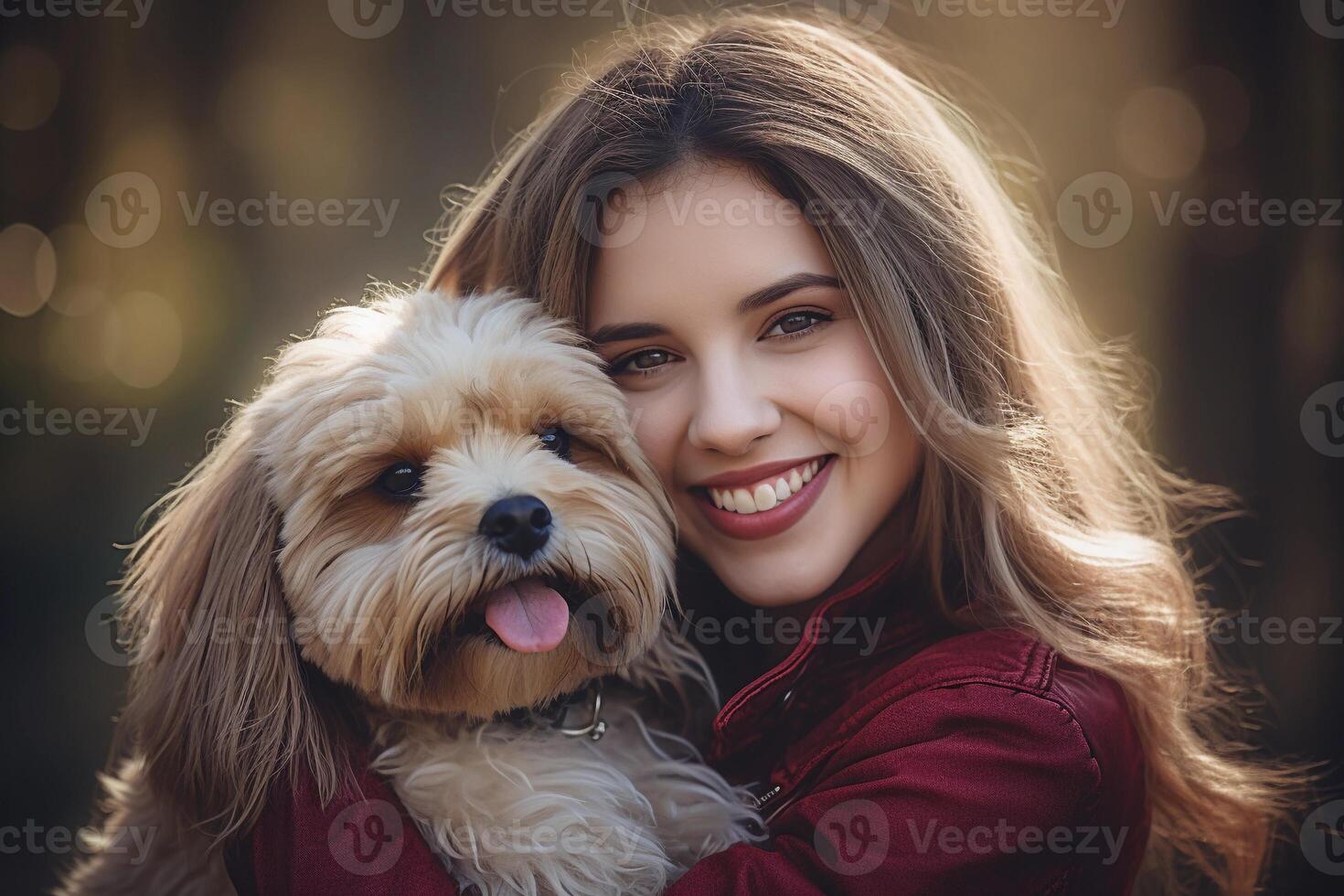 ai generado sonriente joven mujer abrazando su perro. ai generado. foto