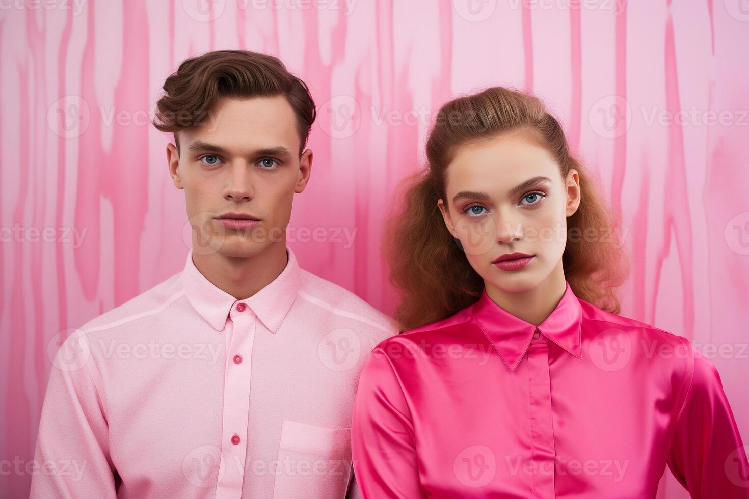 AI generated Young couple, man and woman wearing pink clothes. AI generated. photo