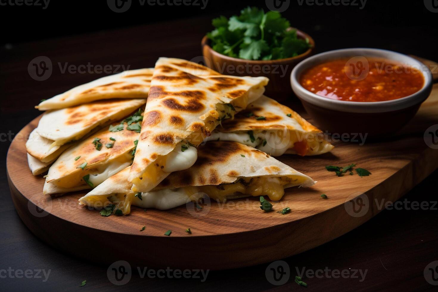 ai generado rebanadas de delicioso Quesadilla y salsas en de madera lámina, cerca arriba. ai generado. foto