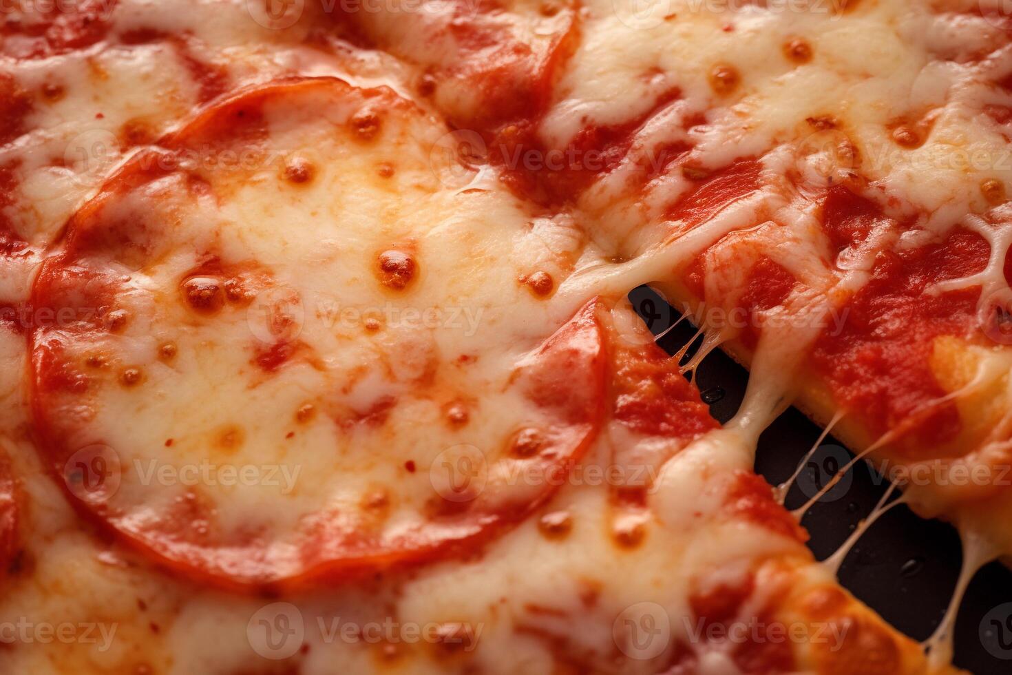 AI generated Macro texture of delicious pepperoni pizza with melted cheese, close up view. AI generated. photo