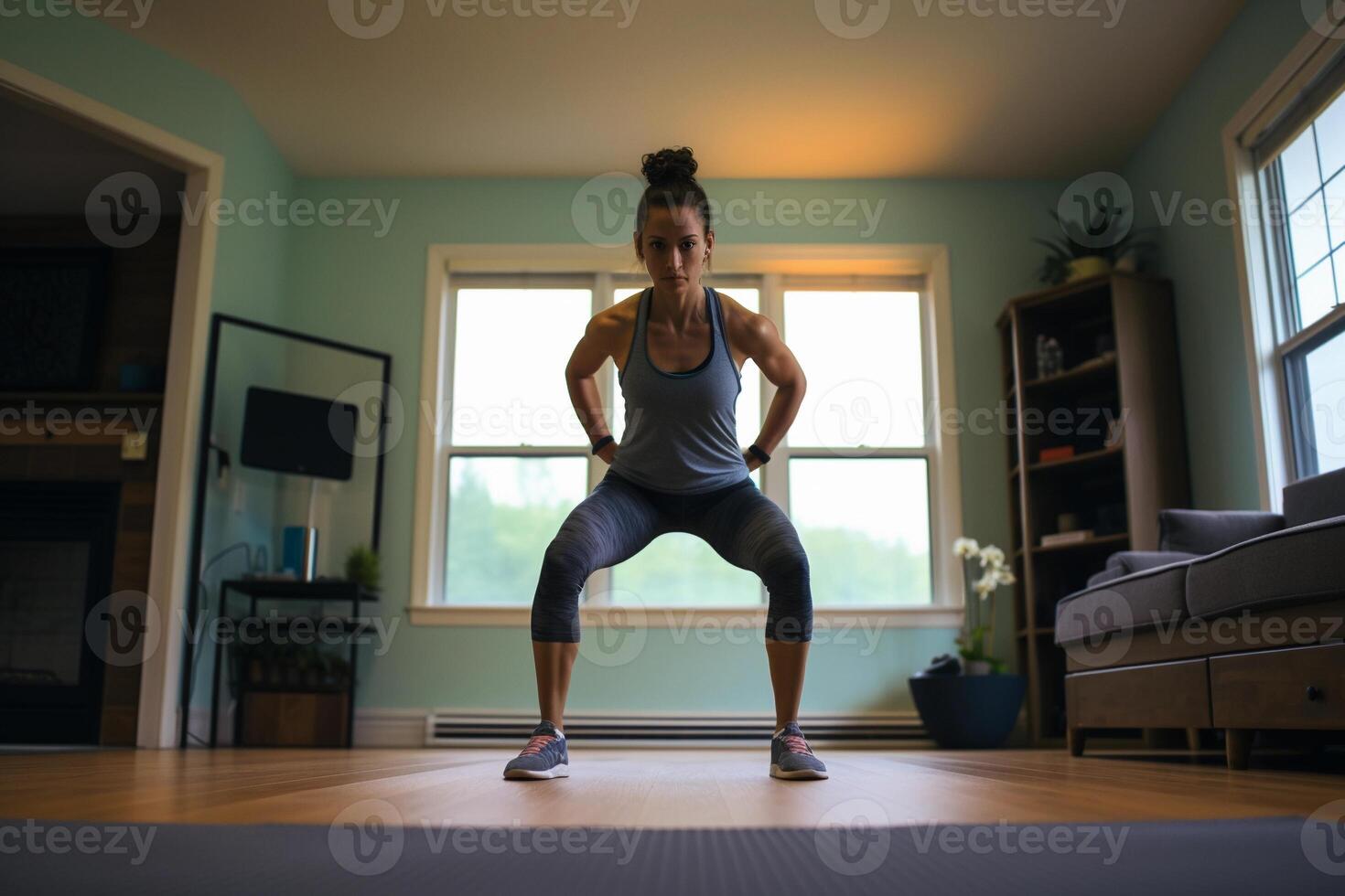 ai generado joven mujer hacer ejercicio a hogar. Deportes y sano estilo de vida. ai generado. foto