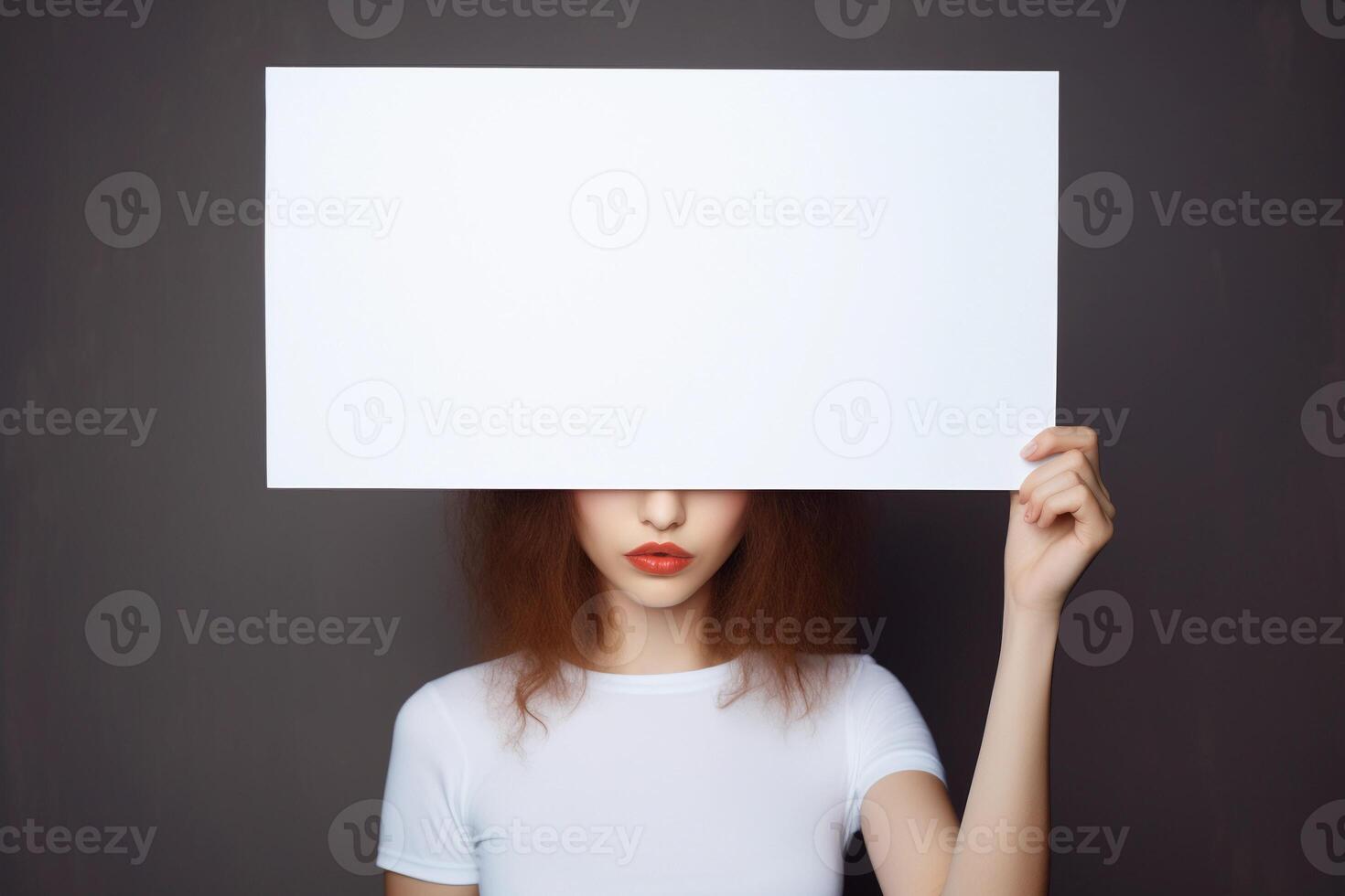 AI generated Serious young woman holding blank mockup placard covering her face. AI generated. photo