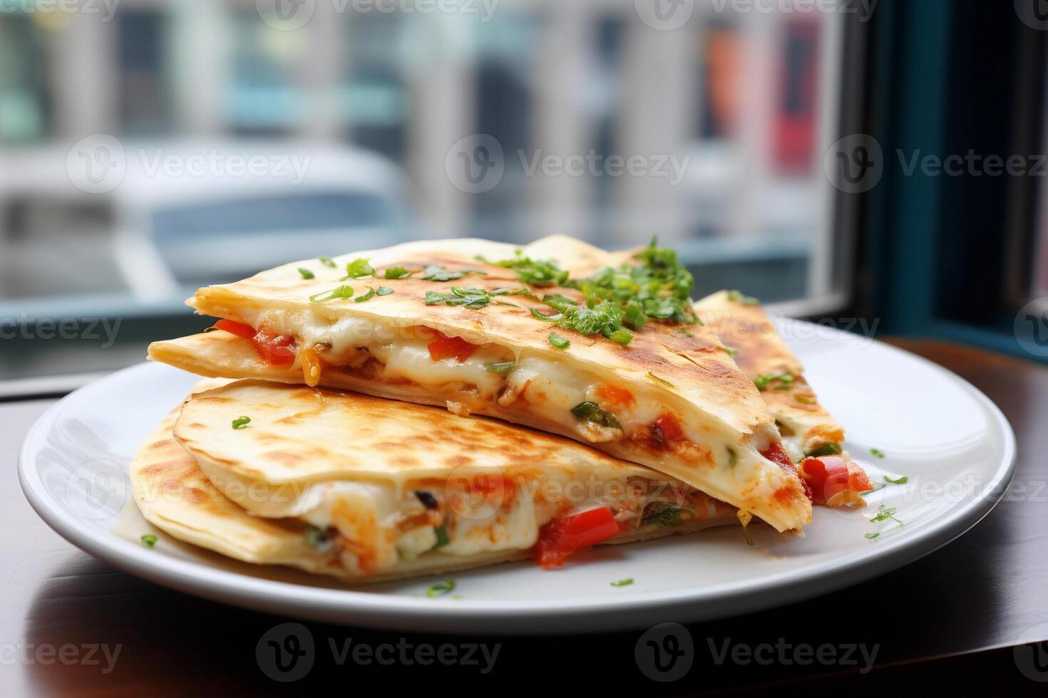 ai generado rebanadas de delicioso Quesadilla en un lámina, cerca arriba vista. ai generado. foto