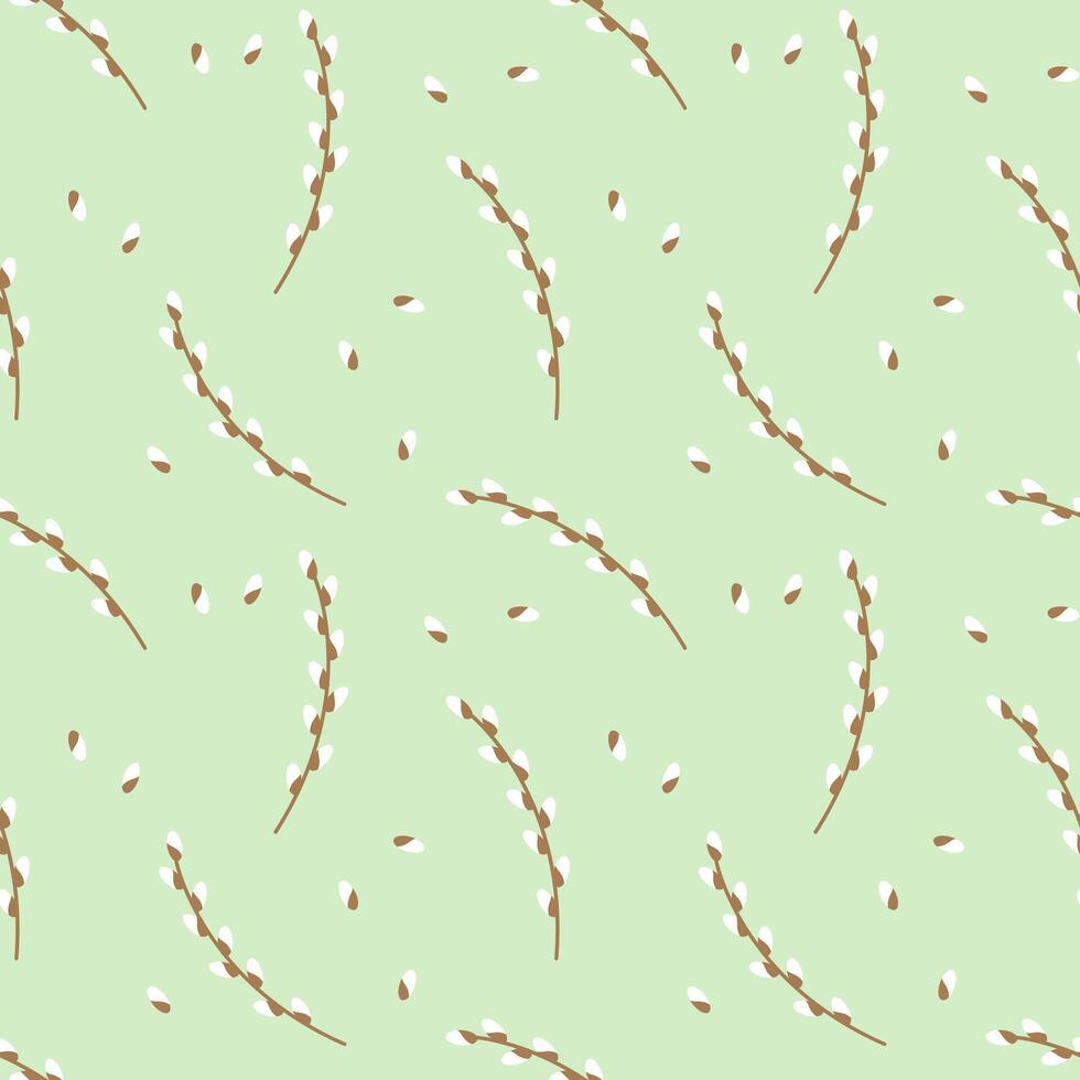 Seamless pattern of willow branches with buds on pastel green background. Easter design background. vector