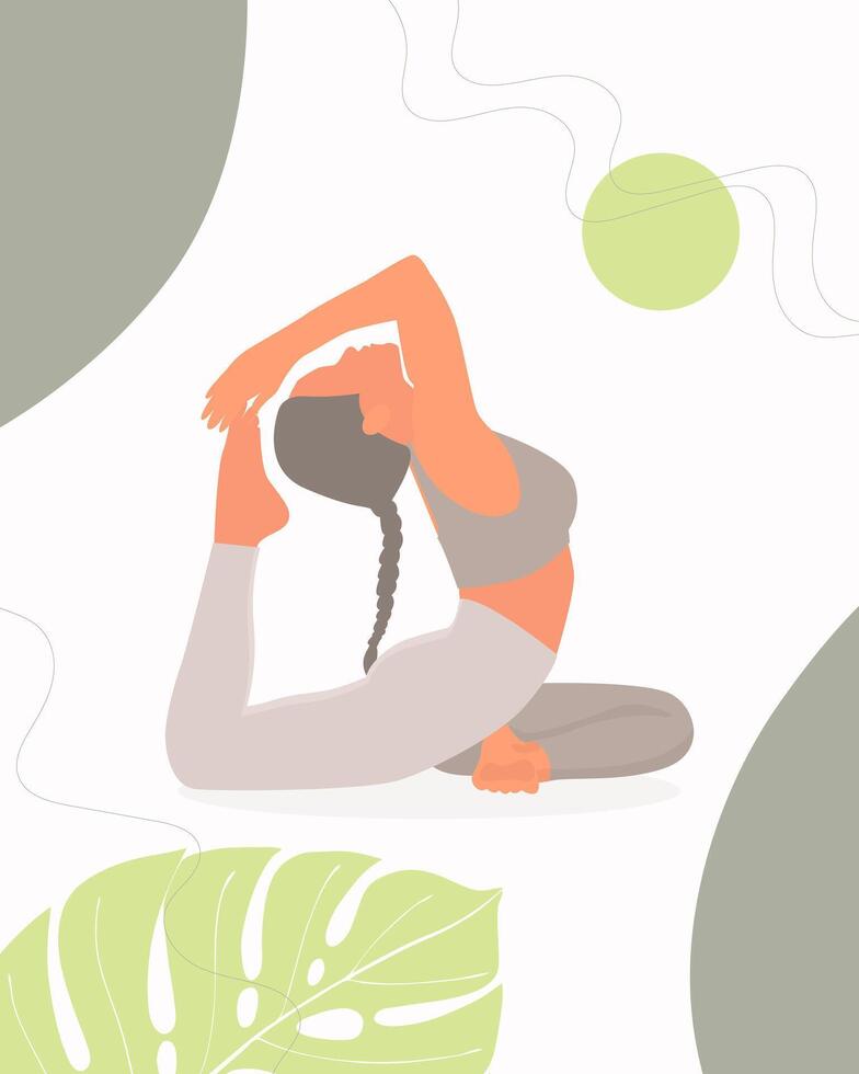 mujer practicando yoga actitud en pacífico ajuste con monstera hojas. vector