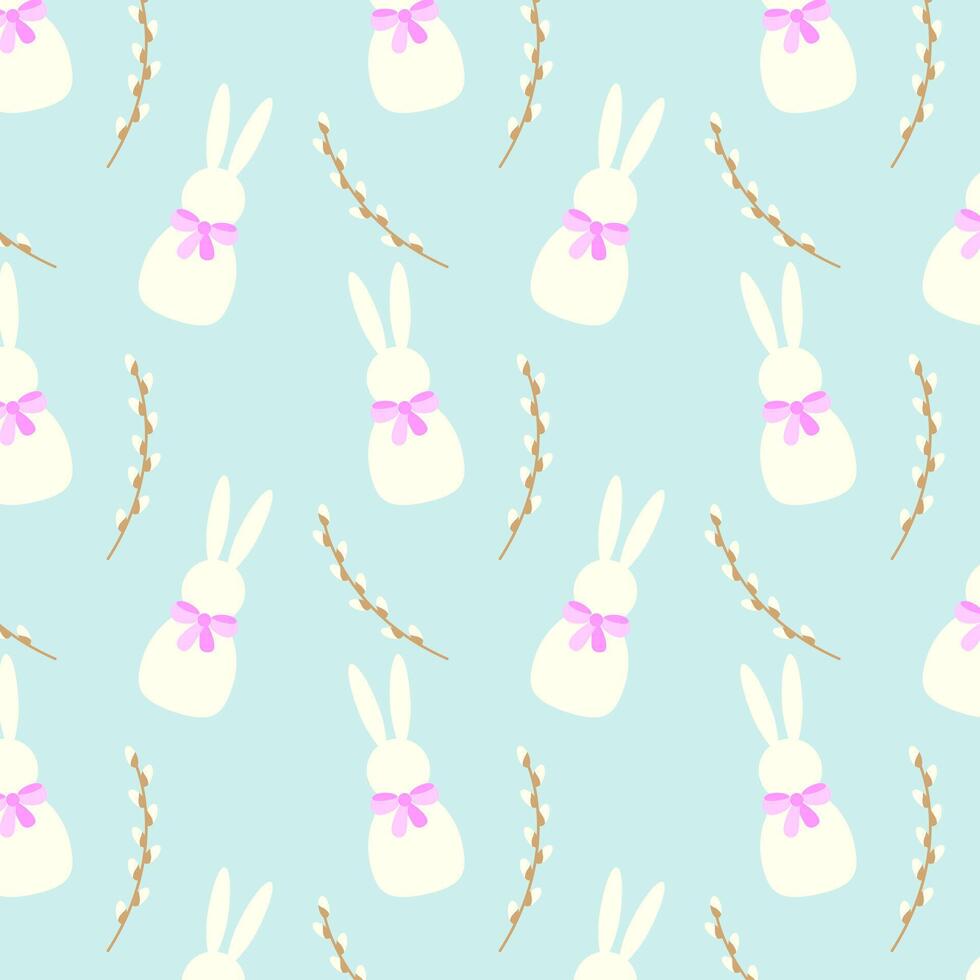 Pattern with Easter bunnies and willow branches on blue pastel colors background. vector