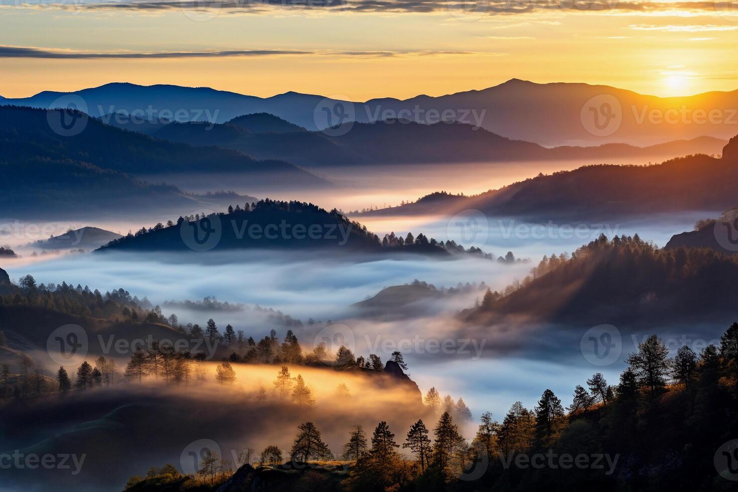 AI generated Sunrise in misty foggy mountains and forest. Beautiful landscape. AI generated. photo