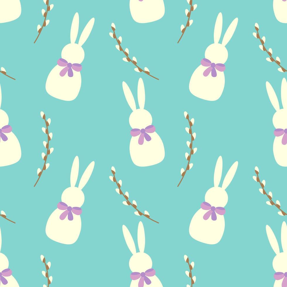 Seamless pattern of white Easter bunnies and willow branches on blue background. vector