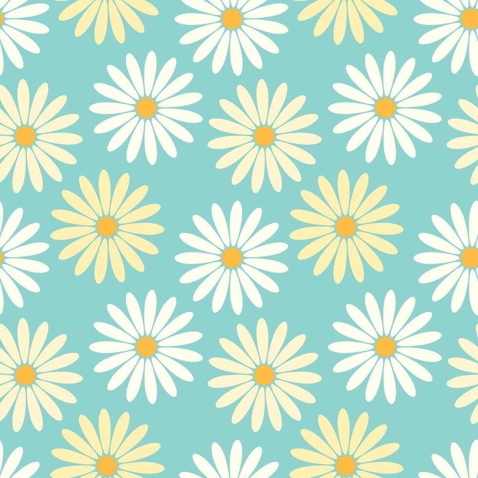 Seamless pattern of yellow and white daisies chamomile on turquoise background. vector