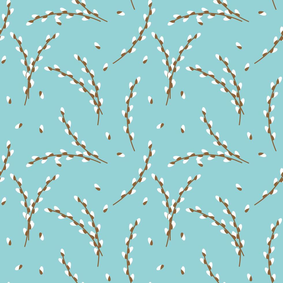 Seamless pattern illustration of willow branch on blue background, Easter design. vector