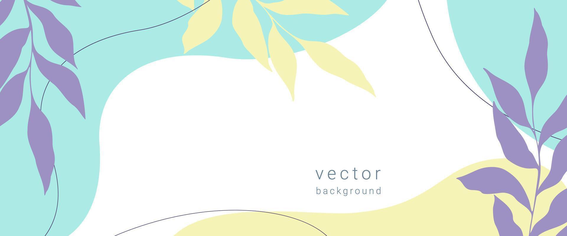 Botanical background banner horizontal with colorful leaves and curved shapes in boho style, purple and yellow flowers. vector