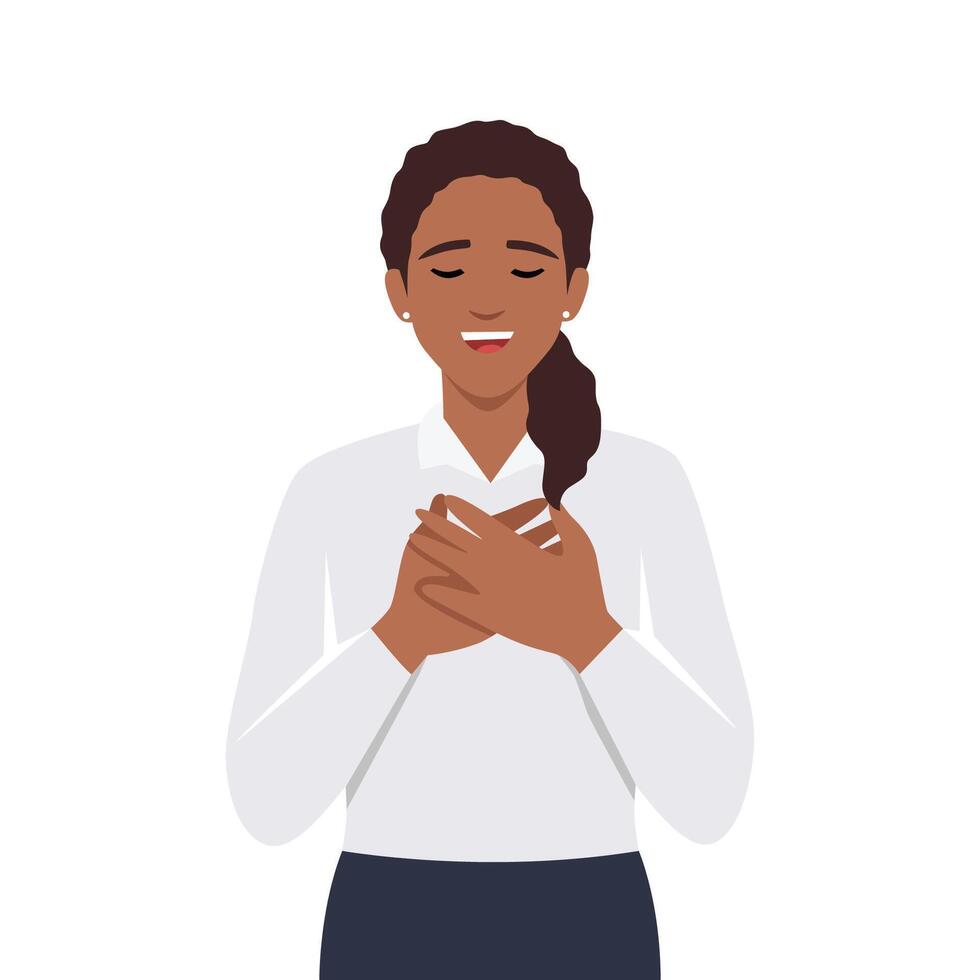 Happy calm young woman hold keep hands at chest feel grateful and thankful at heart. vector