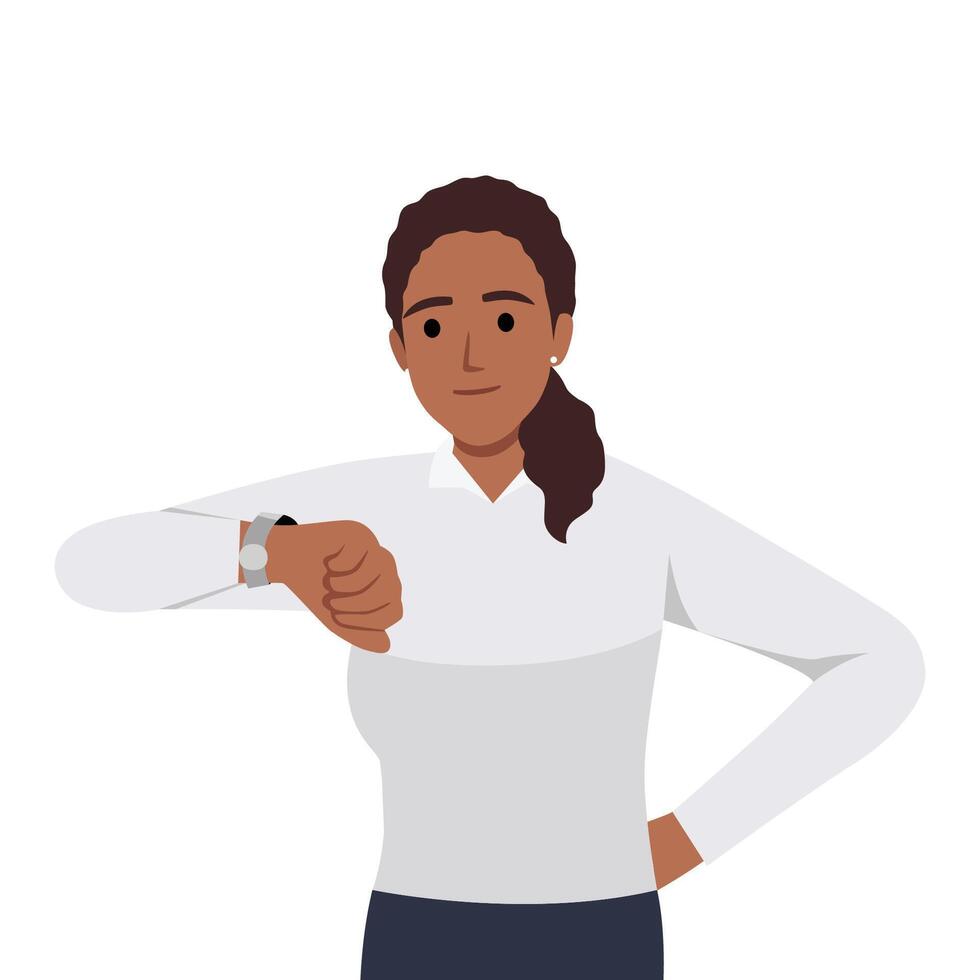 Young woman checking the time by looking at her wrist watch. Time management concept. vector