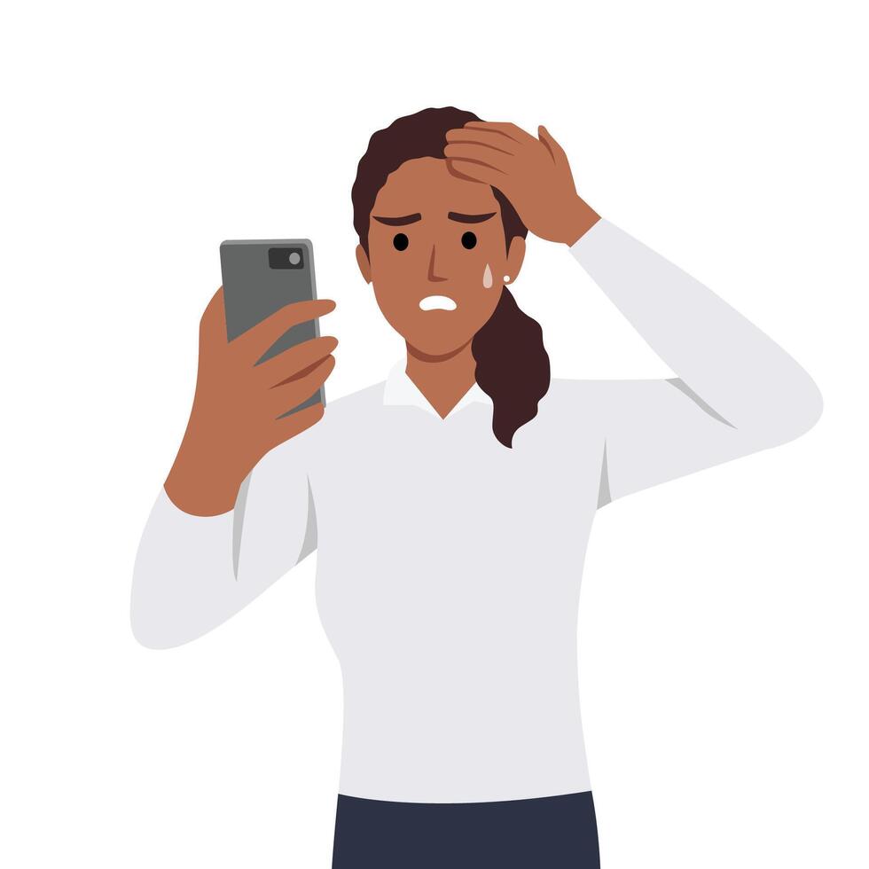 Young woman looking in smartphone with scared face expression. vector