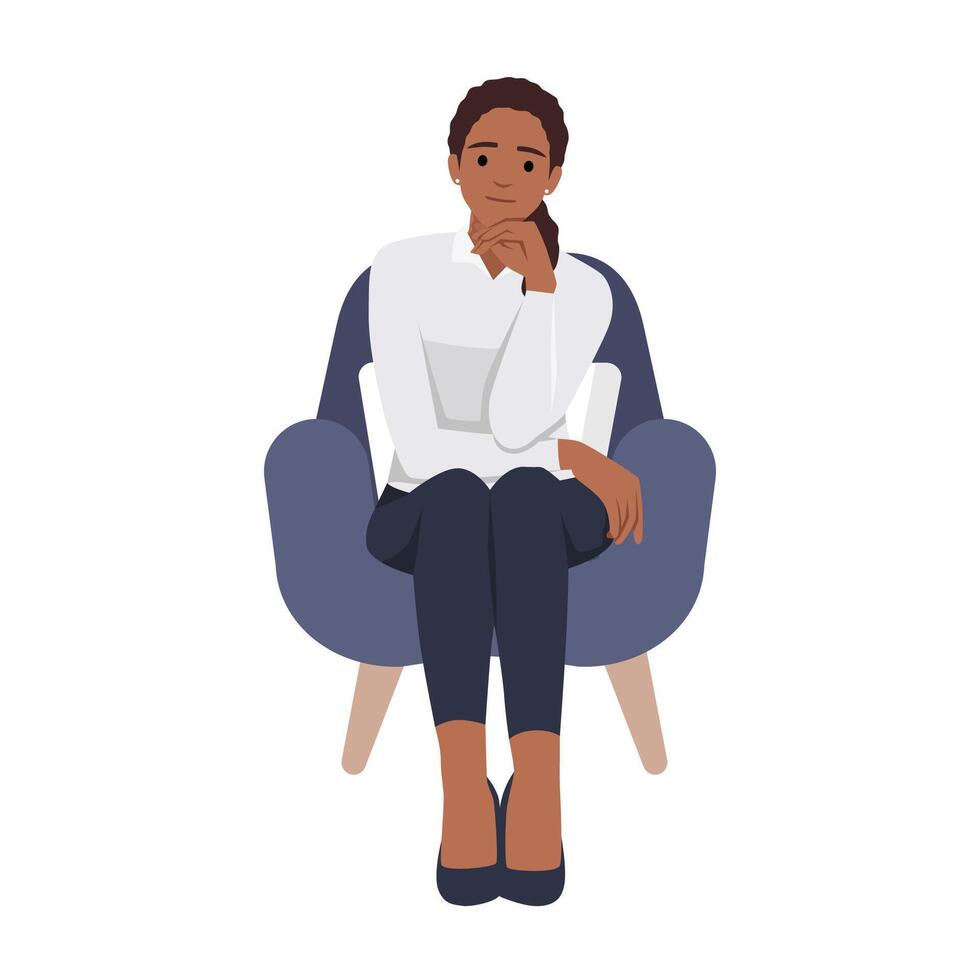 Young woman sitting in a chair. A girl employee in an armchair thinking about her life problem with hand on chin. vector