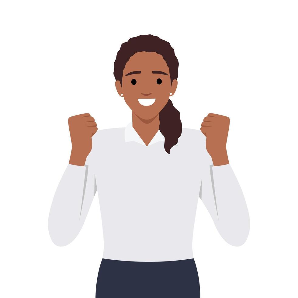 contento exitoso joven mujer levantamiento manos. mujer celebrando éxito, gesticulando elevado puños arriba. vector