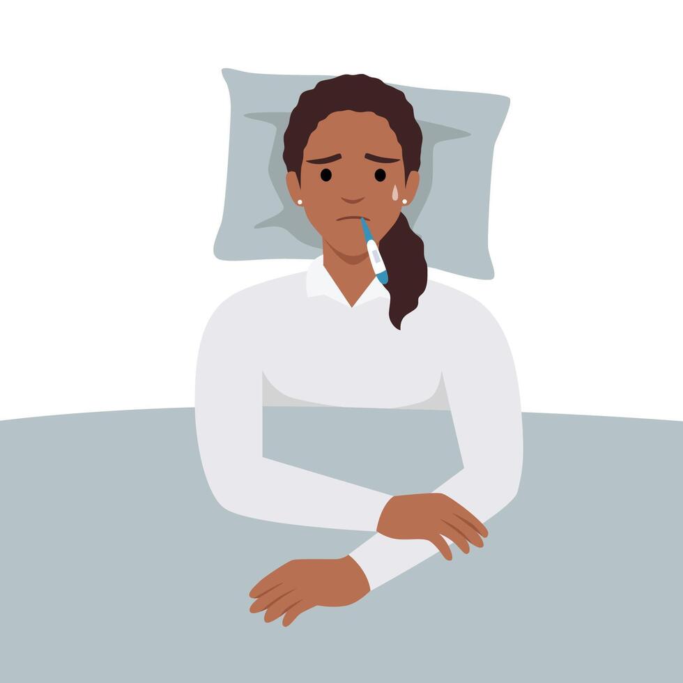 Woman suffering from flu in bed under blanket. She has fever and take thermometer in mouth with tissue paper and medicine on bed. Flu or cold allergy symptom vector