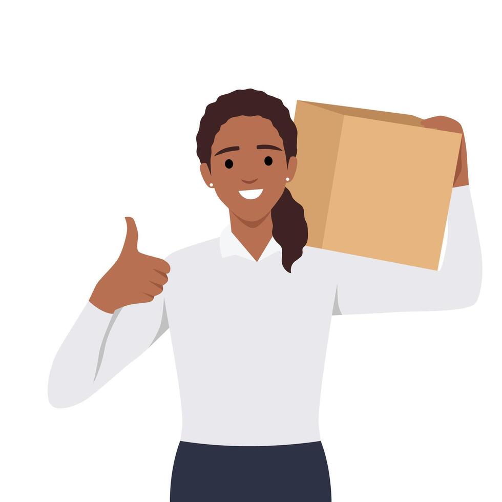 Delivery woman employee holding big box. vector