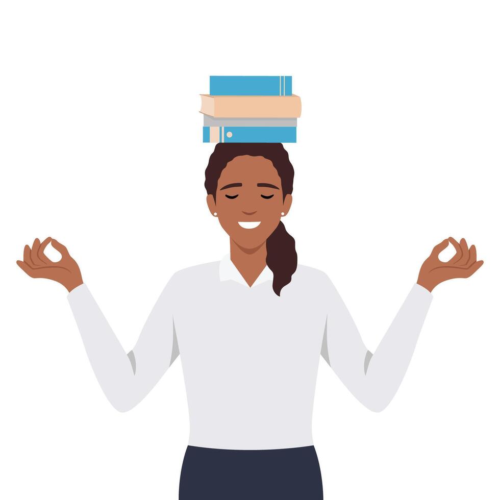 Education and getting knowledge concept. Young woman meditate with books above her head. vector