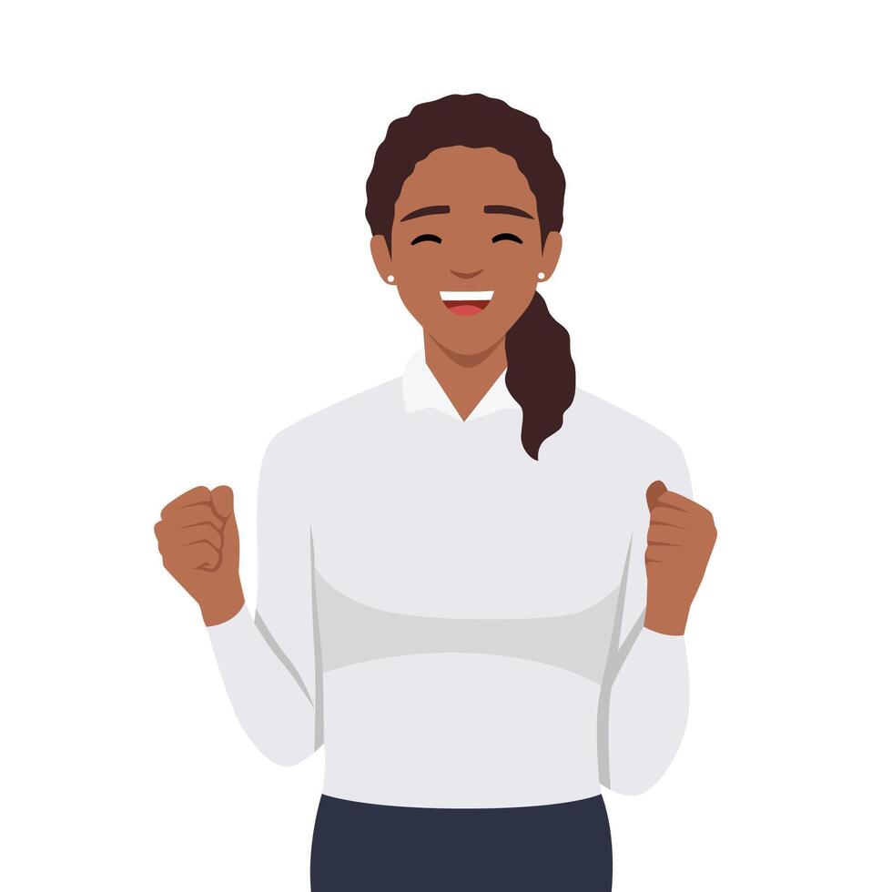 Winning gesture of happy confident woman expressing positive emotion. Successful. vector